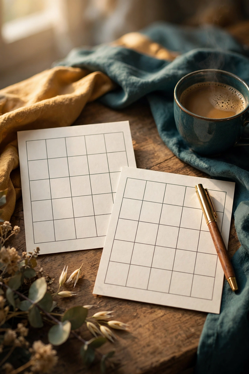 Firsts Bingo cover — bingo cards on a kitchen table with a pen and coffee