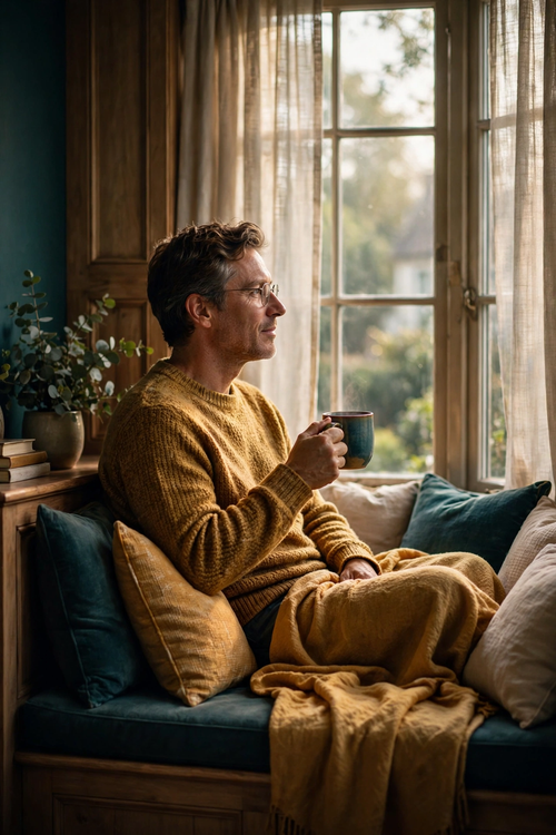 Five Honest Portraits mini-pack cover — a man with a mug in a window seat, morning light